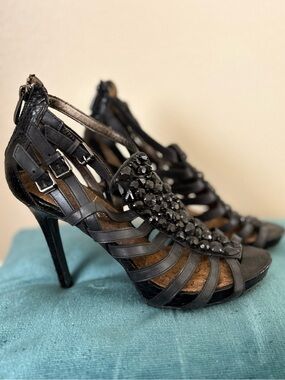 Sam Edelman Size 9 Black Jeweled Cage Platform Stiletto Heels Sandals